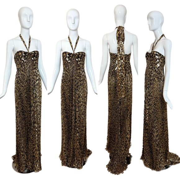ROBERTO CAVALLI 2005 Vintage Runway Leopard Pleated Evening Gown Maxi Dress - Picture 1 of 11